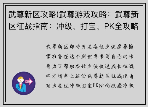 武尊新区攻略(武尊游戏攻略：武尊新区征战指南：冲级、打宝、PK全攻略)